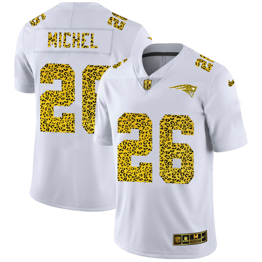 Custom New England Patriots 26 Sony Michel Men Nike Flocked Leopard Print Vapor Limited NFL Jersey White